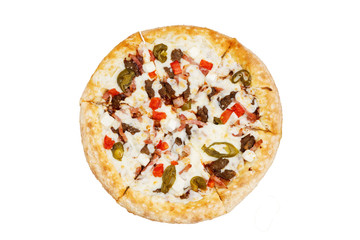 Pizza with meat, bacon, pickled cucumber and sweet pepper. Top view. Isolated on white.