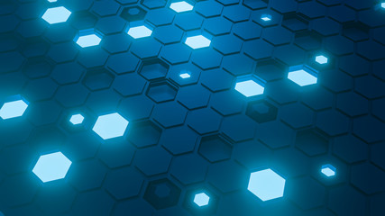 Hexagon pattern. Honeycomb texture. Abstract blue background. 3d render.
