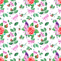 Seamless background with delicate rose buds, green leaves, bows and pearls. Delicate watercolor background for textile, Wallpaper or packaging.