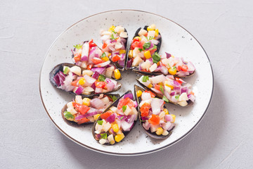 Traditional  Peruvian food background with mussels