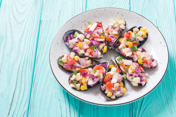 Traditional  Peruvian food background with mussels