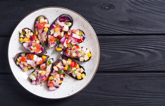 Traditional  Peruvian food background with mussels