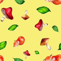 Seamless background with sleeping Fox, mushrooms and juicy green leaves. Watercolor painting for baby fabrics, Wallpaper or packaging.