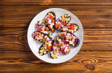 Traditional  Peruvian food background with mussels
