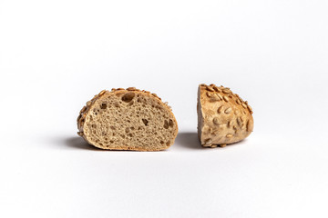 Freshly baked bread rolls isolated on white background.