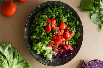 salad with tomatoes,lettuce,red cabbage and olive oil in the plate on the black background.