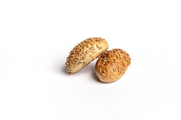 Freshly baked bread rolls isolated on white background.