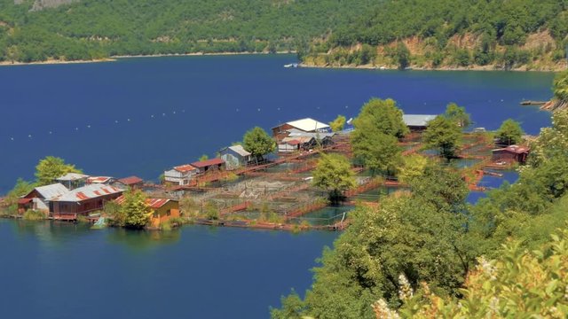 Zoom In Shot of Fish Farm in Rhodope mountains. Gorgeous lake and mountains with forests.