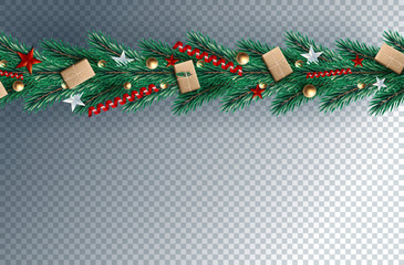 Realistic pine leaves, baubles and holly berries decorated on png background for Merry Christmas celebration