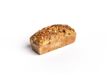 Fresh home-made bread with a crispy crust, on white background.