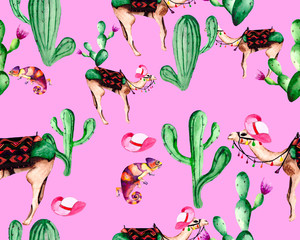 Seamless bright background with cacti, camels and chameleons. Illustration for textiles, packaging, Wallpaper, and background design on the theme of the desert and travel.