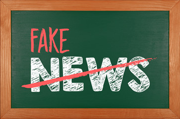 Green school chalkboard with FAKE NEWS words