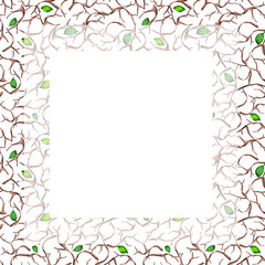 Watercolor frame of branches with green leaves in the form of a square with space for text. Illustration for invitations, cards, banners and design on the theme of the forest and the beauty of nature.