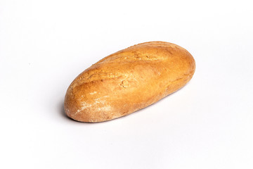 Fresh home-made bread with a crispy crust, on white background.