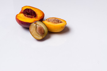 Nectarine, peach and plum - white background.