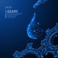 Abstract polygonal light design of cog gear with oil drop, pipette.