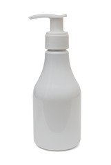 the plastic small bottle for liquid soap with the batcher isolated on a white background