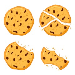 Chocolate chips cookies isolated on white background. Bitten, broken, cookie crumbs. Sweet food cookies icon. Biscuit, small baked, crisp pastry with crush fragments. Vector illustration