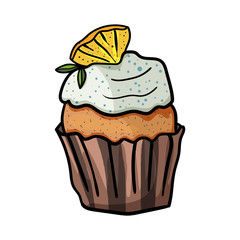 A cupcake with a slice of lemon. Sweet Easter baking. - Vector. Vector illustration