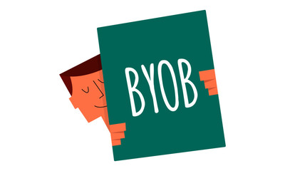 BYOB sign on a board vector illustration. Man holding a sign 