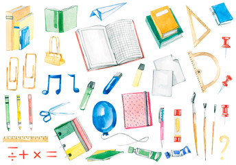 Watercolor Back to school set - notebooks, pens, pencils, scissors, rules, markers, office supplies. Education elements on isolated white background