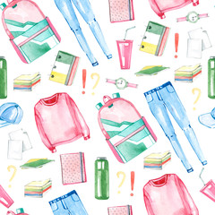 Watercolor seamless pattern back to school and education elements design. Cute style illustration. Clothes, accesories and stationary for school. Pattern for the textile fabric, wrappimg paper. 