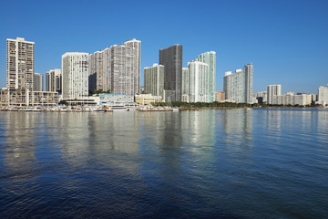 Fototapeta na wymiar Residential towers on the Intracoastal Waterway and Biscayne Bay, Miami, Florida, on a calm autumn morning.