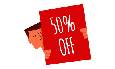  50% discount sign on a board vector illustration. Man holding a sign "50% OFF". Business and Digital marketing concept for website and banners promotions.