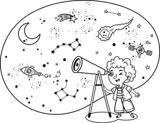 Black and white science loving kid observes space. Isolated vector illustration.