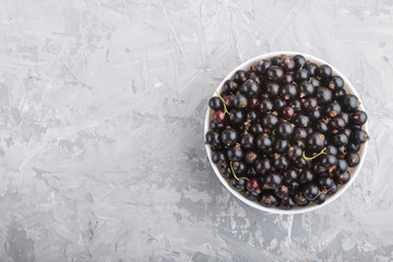 Fresh black currant in white bowl on gray concrete background. top view.