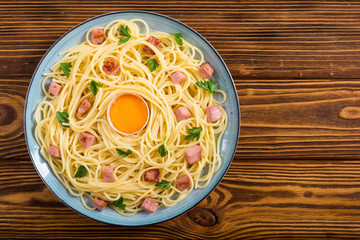 Itslian pasta carbonara with sausage and egg