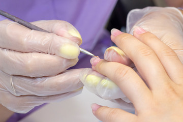 Obraz na płótnie Canvas drawing a transparent basis for varnish gel. shellac. manicurist makes manicure in the salon