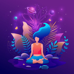 Woman sitting in lotus position practicing meditation. Yoga girl vector illustration. - 278398049