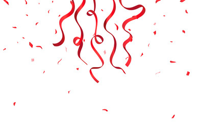 Red ribbons and confetti falling on white background, celebration, party, rewards, sales and promotion surprise concept vector