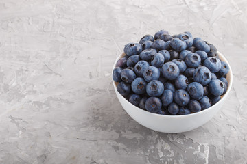 Fresh blueberry in white bowl on gray concrete background. side view.