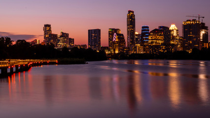 Fototapeta na wymiar The night scenes of downtown Austin seen on Ann W. Richards Congress Avenue Bridge