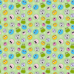 On the green background there are round emotional monsters of different colors - blue, violet, yellow, gray, green, pink, with spirals between them.