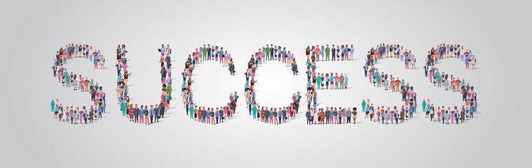 people crowd gathering in shape of success word different occupation employees mix race workers group standing together social media community concept flat horizontal