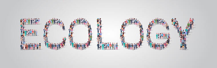 people crowd gathering in shape of ecology word different occupation employees mix race workers group standing together social media community concept flat horizontal