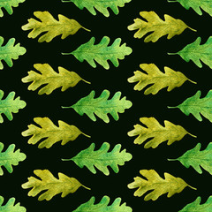 Fototapeta na wymiar Aesthetic floral seamless pattern. Laconic watercolor green, verdant oak leaves on dark background. For textile, prints, wrapping paper, backsides of business, invitation cards or postcards