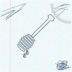 Honey dipper stick with dripping honey line sketch icon isolated on white background. Honey ladle. Vector Illustration