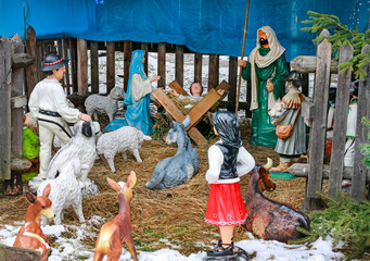 KRAKOW, POLAND - DECEMBER 25, 2018: Traditional Christmas decorations, nativity scene with old...