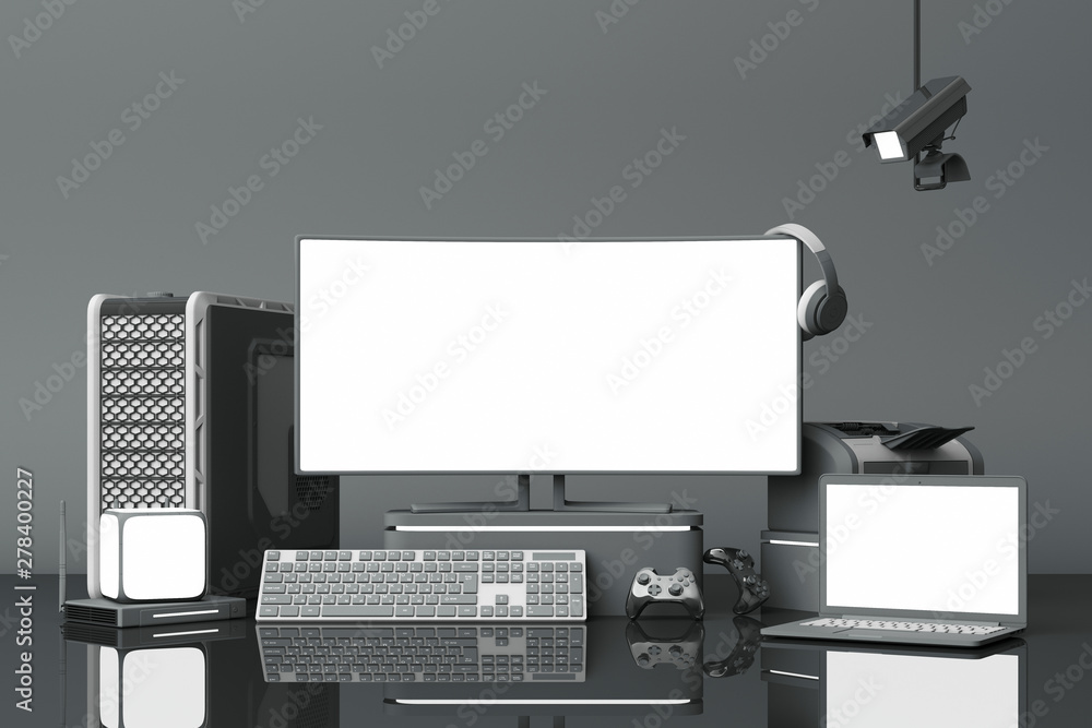 Poster computer and loptop white screen with many gadgets on teble in dark grey tone. 3d rendering