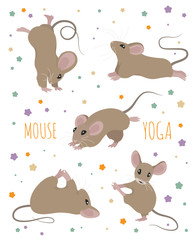 Mouse yoga poses and exercises. Cute cartoon clipart set