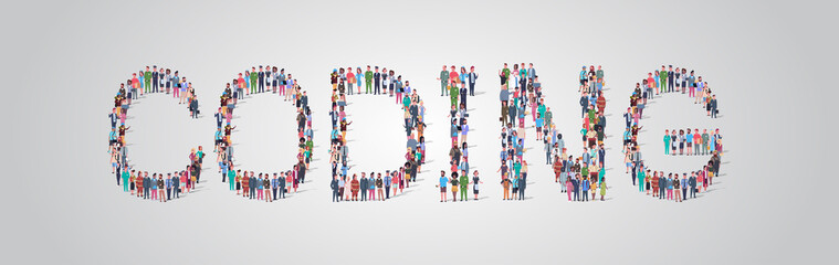 people crowd gathering in shape of coding word different occupation employees mix race workers group standing together social media community concept flat horizontal