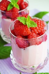 Delicious dessert of ripe raspberries.Healthy diet.