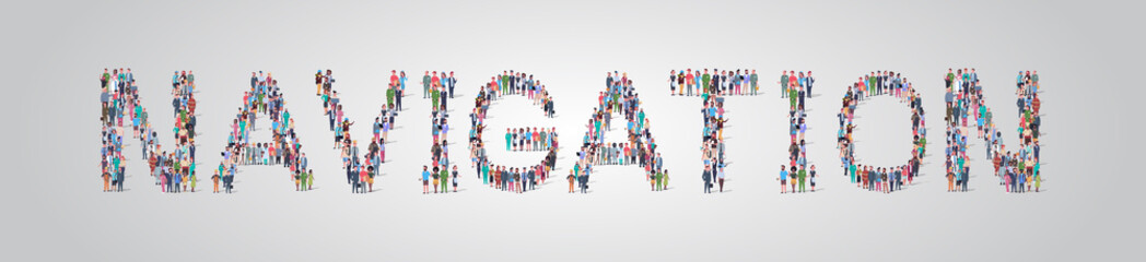 people crowd gathering in shape of navigation word different occupation employees mix race workers group standing together social media community concept flat horizontal