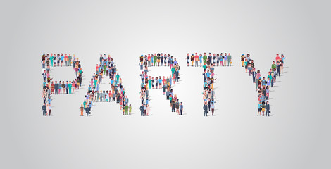 people crowd gathering in shape of party word different occupation employees mix race workers group standing together social media community concept flat horizontal