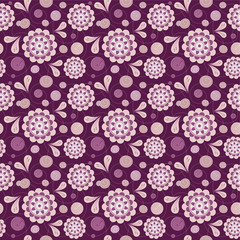 Vector seamless background: on a lilac background flowers, petals, lines, spirals, circles.