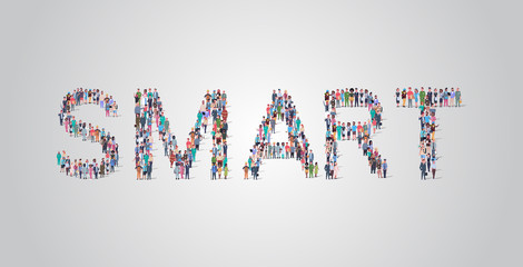 people crowd gathering in shape of smart word different occupation employees mix race workers group standing together social media community concept flat horizontal